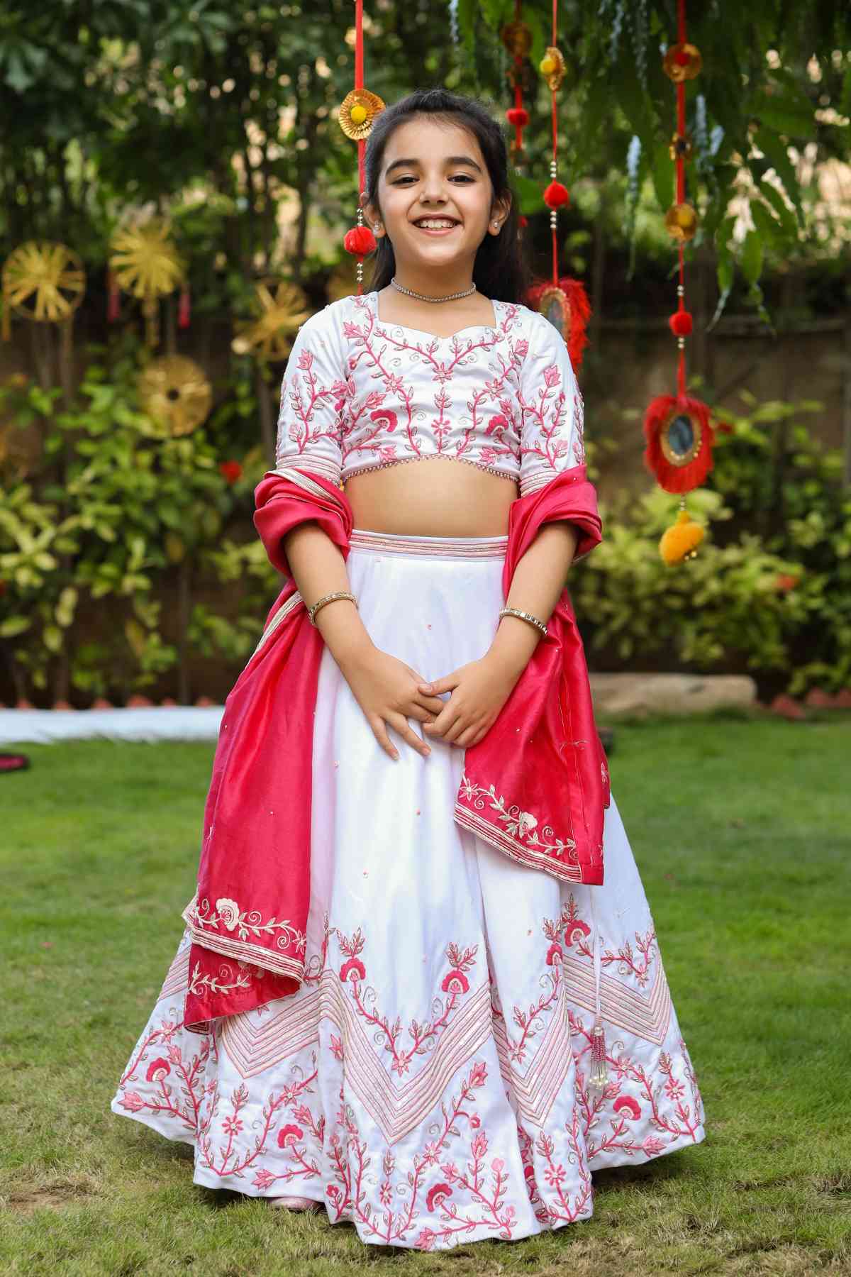 Buy Kids Designer Littleens Lehenga with thread and recycled plastic sequins floral embroidery and enhanced by silver embellishment paired with blouse and chanderi dupatta with embroidered borders Online at ScrollnShops
